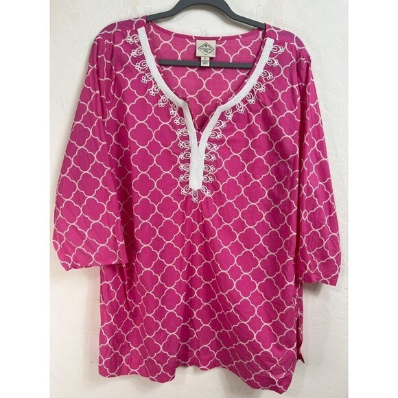 St. John's Bay Sz XL Hot Pink White Embroidered 3/4 Sleeve Pullover Blouse Pink - Picture 2 of 7